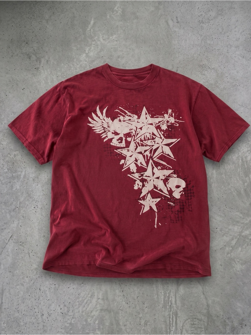 Y2K Grunge Star Skull Wings Distressed Burgundy T Shirt